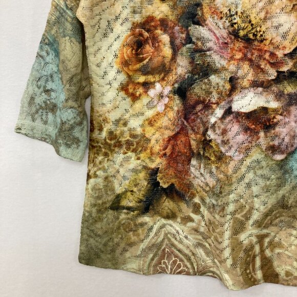 Chico's size XL/3 Green Brown Floral Split Neck Mesh Stretch Artsy Boho Blouse - Picture 4 of 9
